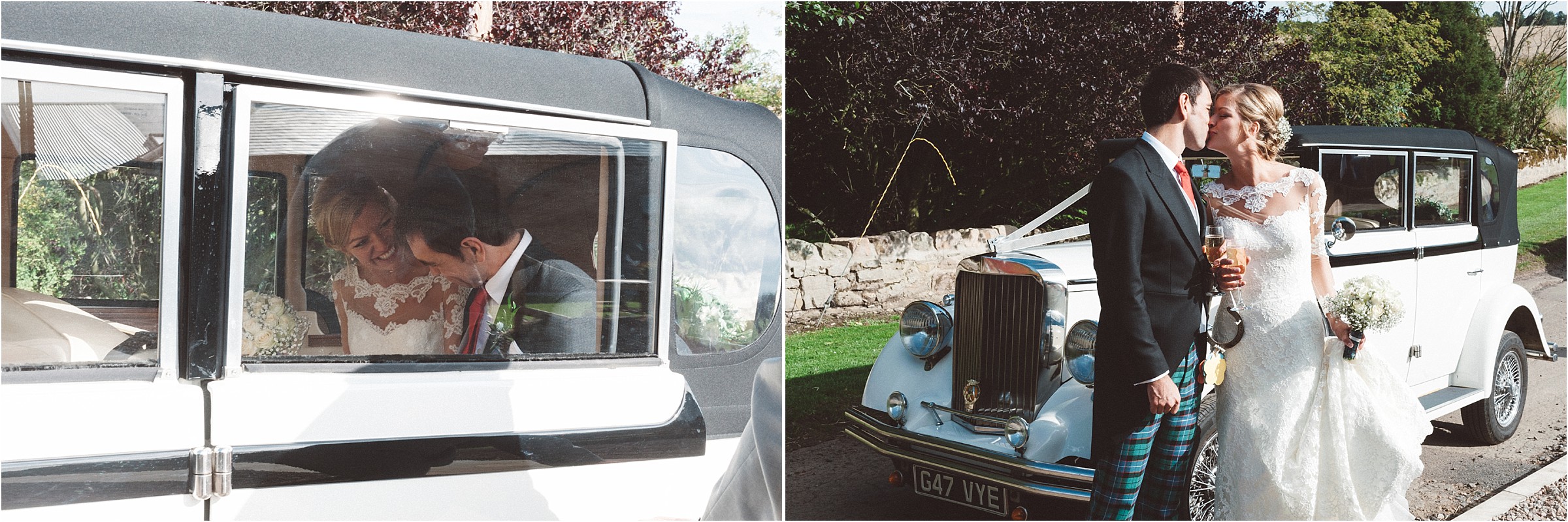bride & groom arrive in vintage car doxford barns northumberland